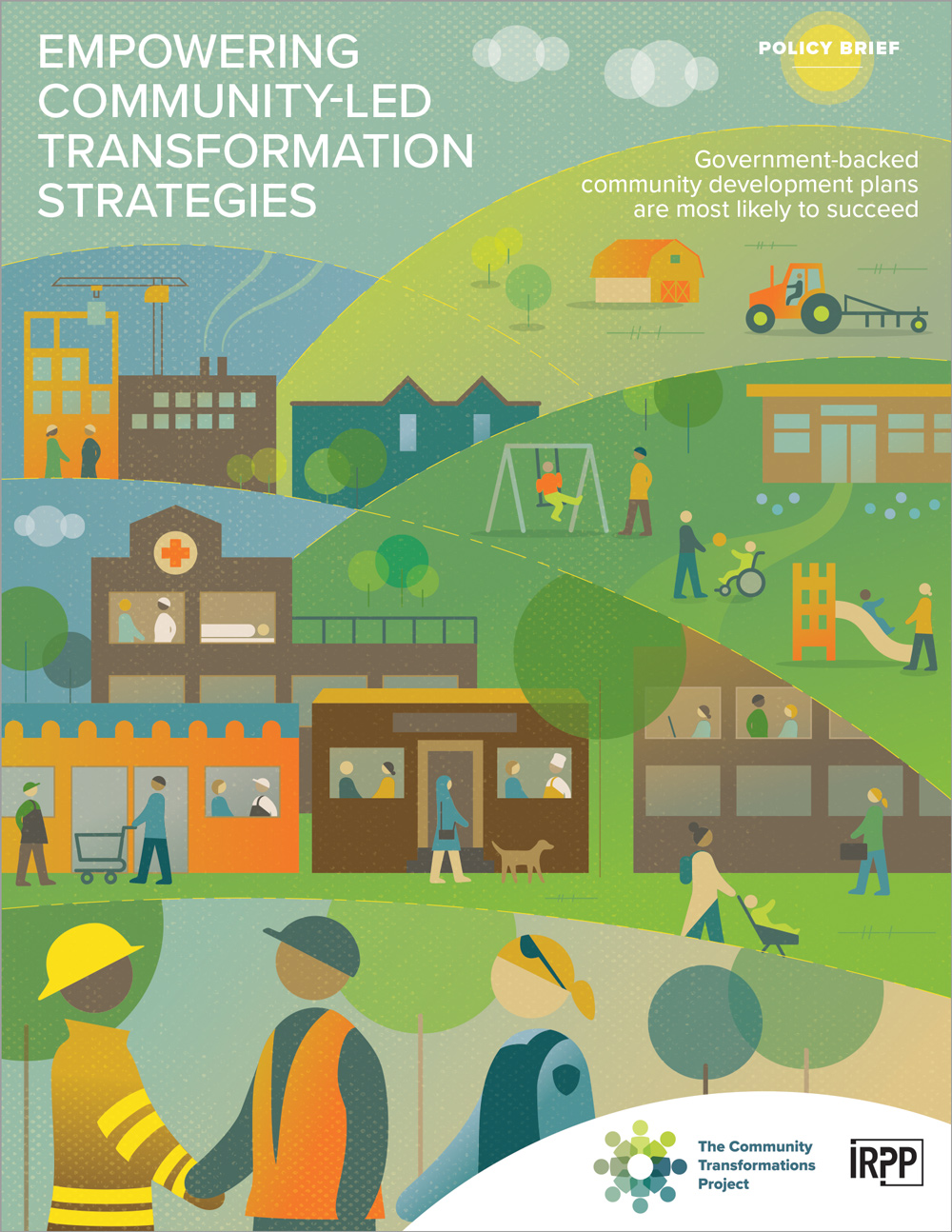 Illustrated IRPP policy brief cover showing a community landscape with housing, health care, construction, public spaces, rural infrastructure, and people working together.