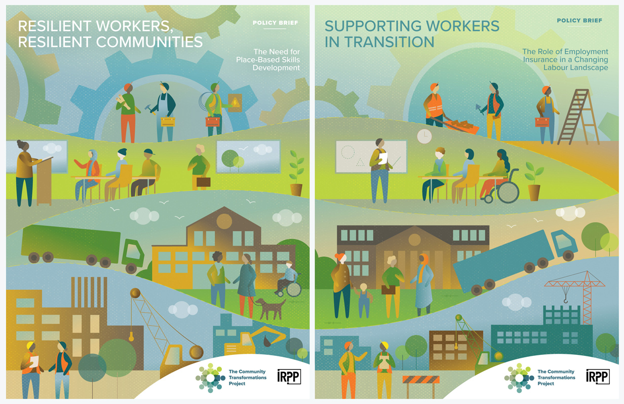 Diptych of illustrated IRPP policy brief covers, showing connected community landscapes with people, buildings, pathways, infrastructure, and symbolic details.